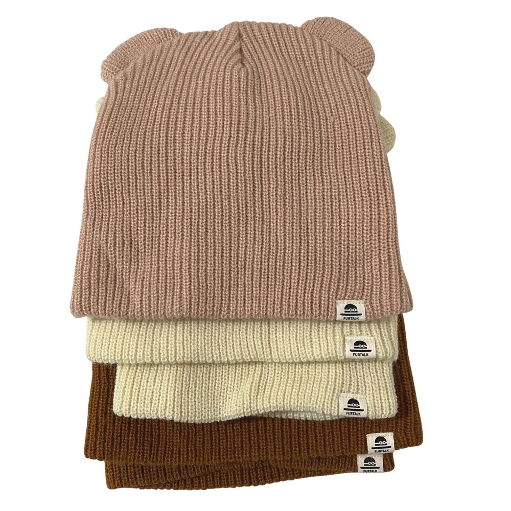 Furtalk Kids Bear Ear Beanie Ribbed Knit Winter Hat Pink Cream Brown Lot of 5
